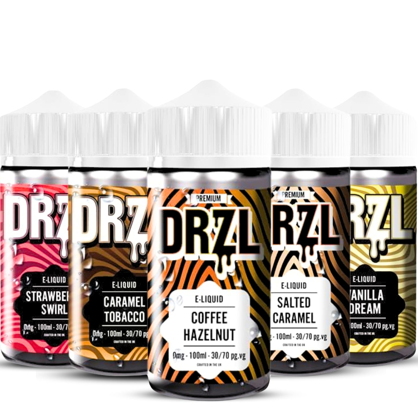 Coffee Hazelnut, Salted Caramel, Strawberry Swirl, Vanilla Dream, Caramel Tobacco MULTIPACK 100ml E-Liquid by DRZL