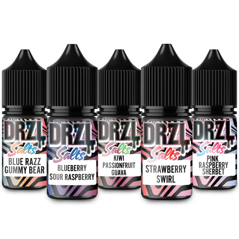 Blue Razz Gummy bear, Blueberry sour razz, Kiwi passion guava, Strawberry Swirl, Pink raspberry x10 MULTIPACK 10ml Salts by DRZL
